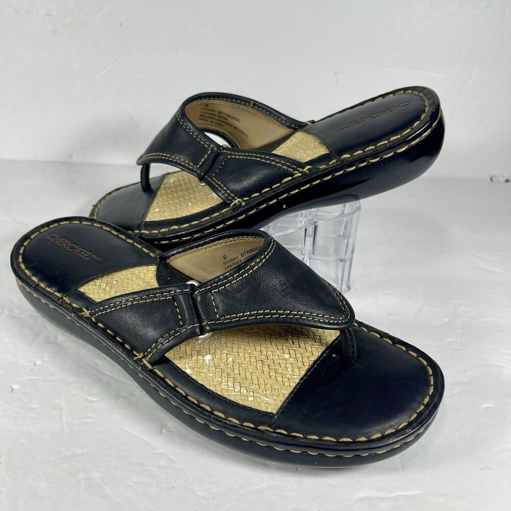 eBay Listing: Cherokee Women's Black Leather Woven Inlay Thong Sandals - Size 8